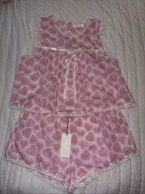 LoveShackFancy Pink Heart Print Pajama Set LG